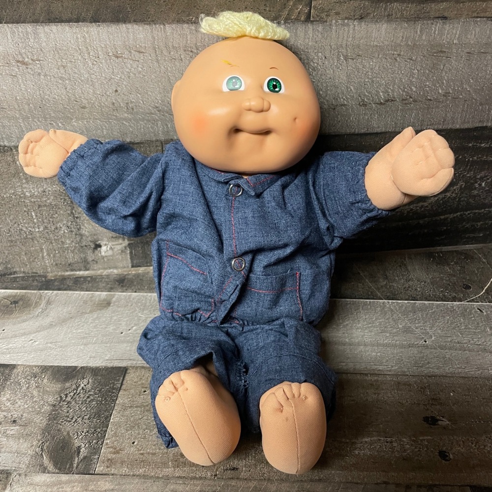 Vintage Cabbage Patch Kid Doll Green Eyes Blond Hair Blue Denim Outfit 1978 1982